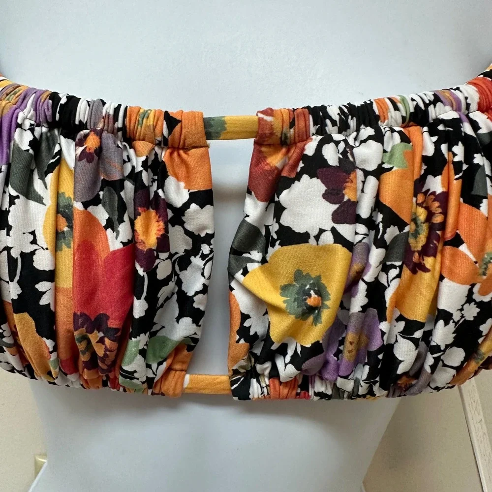 L*Space Monica Anthropologie Floral Ruched Keyhole Bikini Top Orange Purple M